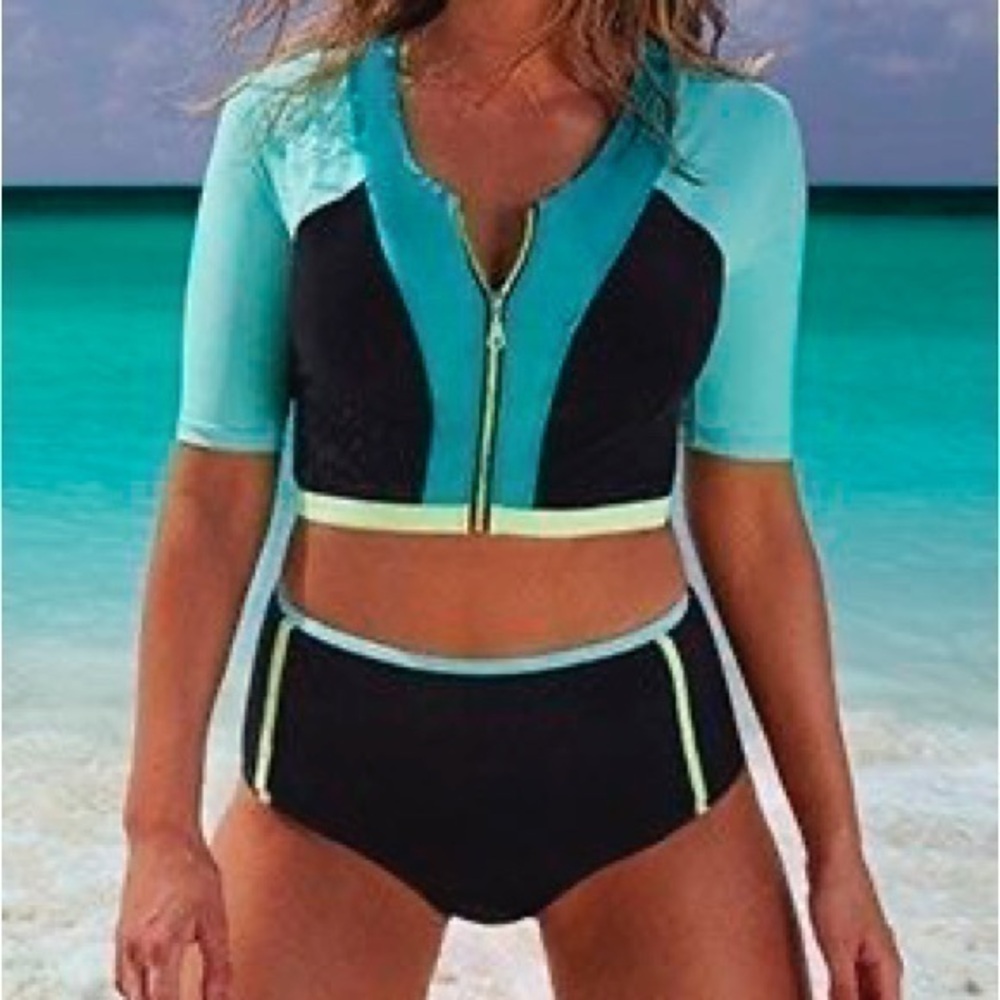 Swimsuits for All Swim Sexy The Rebel Rash Guard Colorblock 2 Piece